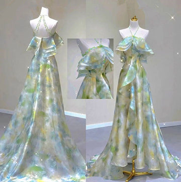 A line Off The Shoulder Halter Green Floral Long Party Dress Prom Dresses SD1473